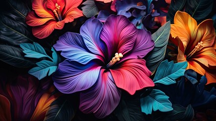 colorful exotic flower on dark tropical foliage nature background, tropical leaf art