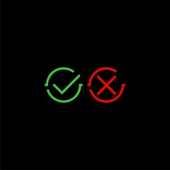 OK check mark and X cross icon symbol illustration isolated on black background