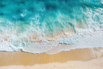 Aerial view of turquoise sea water with waves and beach during summer. Generative AI