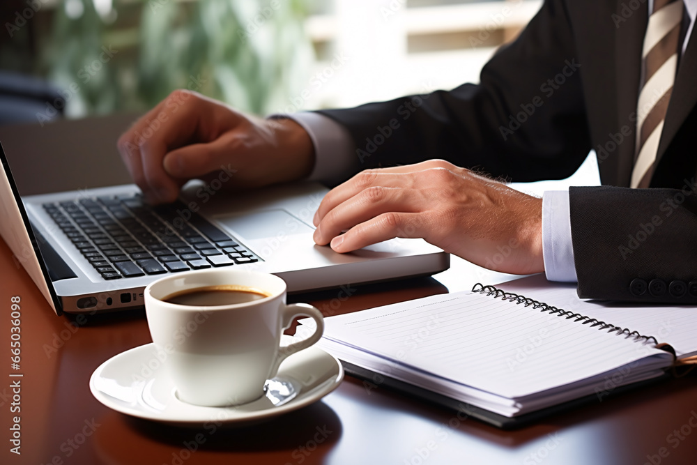 Poster a businessman hands typing on laptop computer while working at office, business and management conce