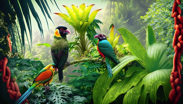 Tropical background with lush plants and exotic birds in vivid colors in a tropical jungle. Illustration created from generative AI