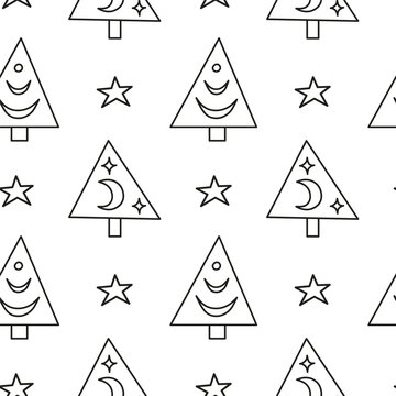 Seamless pattern with boho fir trees, moon phases, stars.