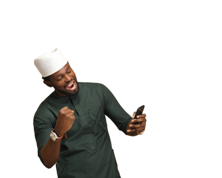 Business Success. Happy African American man Gesturing Yes Shaking Fists Celebrating Big Luck Working Online project In Modern Office png.