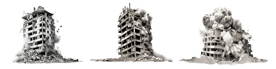 Set of exploded destroyed buildings isolated on transparent background. - obrazy, fototapety, plakaty