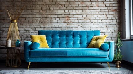 living room interior with blue sofa generated by AI