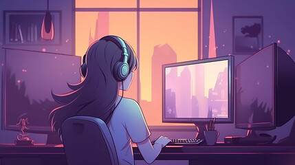 Anime style illustration girl wearing headphone working with laptop ,Gamer girl playing online game.Lofi concept.