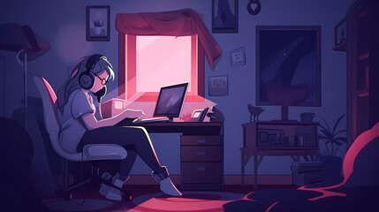 Anime style illustration girl wearing headphone working with laptop ,Gamer girl playing online game.Lofi concept.