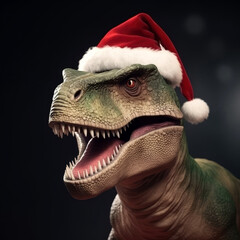 Dinosaurier mit Weihnachtsmannmütze - obrazy, fototapety, plakaty