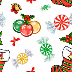 Christmas seamless pattern of stocking, balls and candy, holly, bells and bow Digital illustration for design, decorating background, birthday and party, textile making, printing packaging and covers.