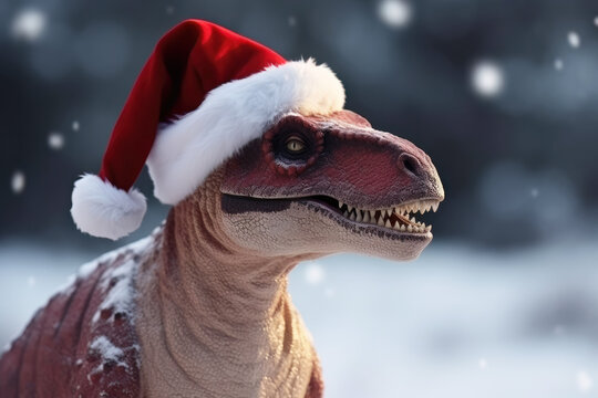 Funny dinosaur with santa claus hat in winter