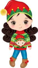 Vector Image of Cute Girl Wearing Elf Hat and Christmas Sweater