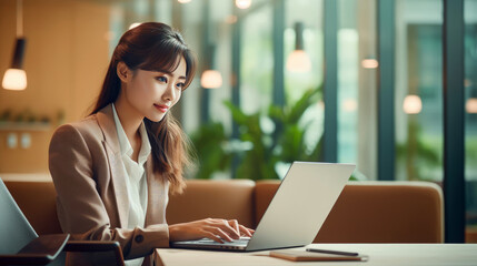 Asian business woman working on a laptop in a professional office