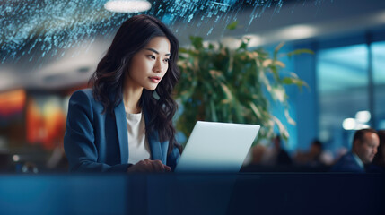 Asian business woman working on a laptop in a professional office