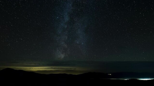 Time lapse of The Milky Way Galaxy moves above the mountains and clouds on a starry night