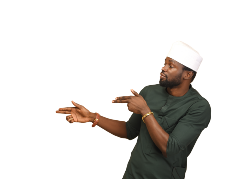 Png Copy space photo of a handsome African American man isolated in brown background pointing to his side with hands at something. Concept of sales.