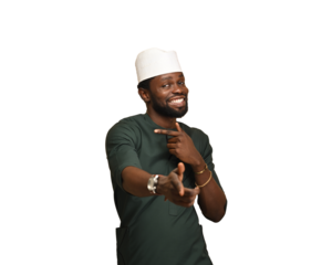 PNG of an Amazed young African American wearing green native top holding hands in surprised gesture, keeping mouth wide open, looking shocked, astonished and surprised greetings.