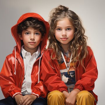 two children in red posing in studio, looking at camera. Youth fashion concept. Generative AI