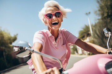 Fototapeta premium Joyful Senior Woman on Scooter Summer Adventure. Generative ai