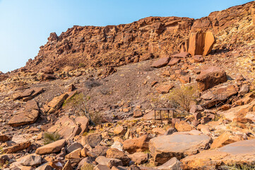 A view across the sides of the river valley at Twyfelfontein in Namibia during the dry season