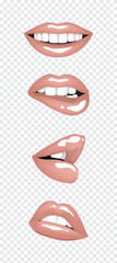 Realistic bright sexy female lips in beige nude color. Set of isolated vector illustrations on transparent background