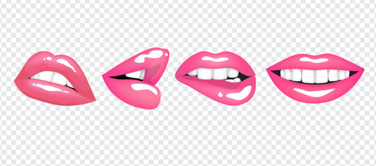 Realistic bright sexy female lips in pink color. Set of isolated vector illustrations on transparent background - obrazy, fototapety, plakaty