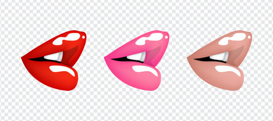Realistic bright sexy female lips in profile in red, pink and beige nude colors. Set of isolated vector illustrations on transparent background