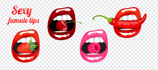 Realistic bright red, burgundy and pink sexy female lips holding strawberry, cherry, raspberries, red hot pepper. Set of isolated vector illustrations on transparent background - obrazy, fototapety, plakaty