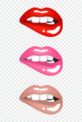 Realistic bright sexy female lips with teeth in red, pink and beige nude colors. Set of isolated vector illustrations on transparent background - obrazy, fototapety, plakaty