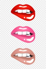 Fotobehang Realistic bright sexy female lips with teeth in red, pink and beige nude colors. Set of isolated vector illustrations on transparent background © Marya