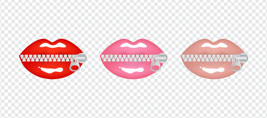 Realistic bright sexy female lips on a clasp in red, pink and beige nude colors. Set of isolated vector illustrations on transparent background - obrazy, fototapety, plakaty