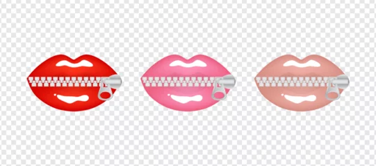 Fotobehang Realistic bright sexy female lips on a clasp in red, pink and beige nude colors. Set of isolated vector illustrations on transparent background © Marya