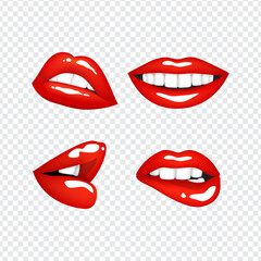 Realistic bright sexy female lips in red color. Set of isolated vector illustrations on transparent background