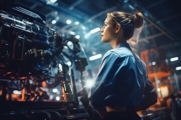 Fototapeta na wymiar Female Engineer in Automotive Assembly Line. Generative ai