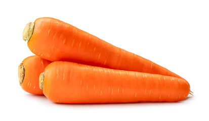 Three fresh beautiful orange carrots in stack isolated on white background with clipping path and shadow in png file format Close up of healthy vegetable root with full focus