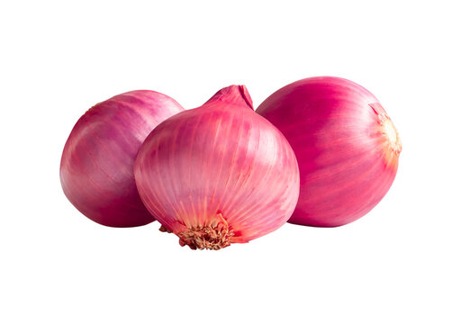 Fresh red onion bulbs in stack isolated on white background with clipping path in png file format