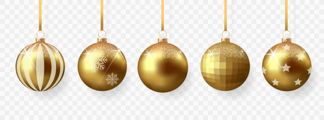 Collection of gold christmas balls with shadow isolated on transparent background	