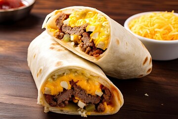 Breakfast burrito with sausage, eggs, hashbrown and cheese. AI Generated - obrazy, fototapety, plakaty