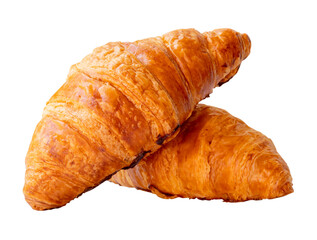 two piece of croissant in stack or cross shape isolated on white background with clipping path in png file format.