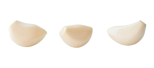 Set of three fresh separated peeled garlic cloves isolated on white background with clipping path in png file format