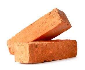 Cracked old red or orange bricks in stack isolated on white background with clipping path and shadow in png file format