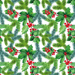 Aquarelle seamless pattern with traditional Christmas red-green decor. For wallpapers, textile, wrapping paper