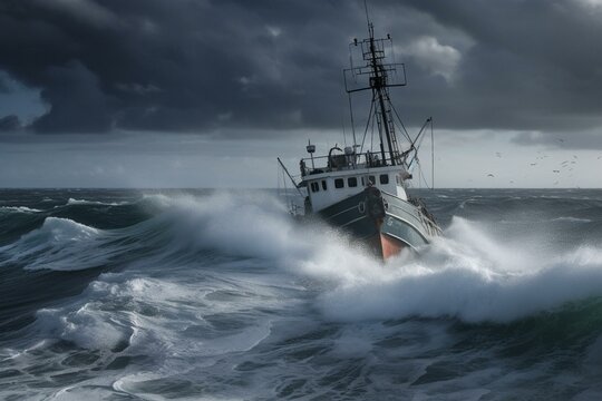 A fishing boat battles through turbulent waves and thunderous storm at sea. Generative AI