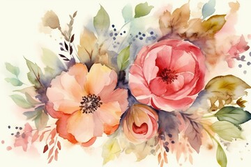 Card with beautiful watercolor flowers. Generative AI
