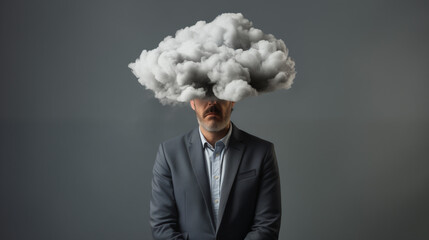 Man with cloud over his head depicting solitude and depression, abstract concept of loneliness and anxiety, generative ai
