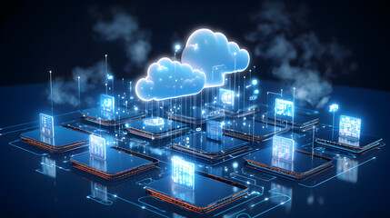 Cloud computing concept.Abstract cloud connection transfer big data on internet futuristic digital technology background.