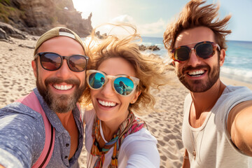 COMMUNITY OF LAUGHING FRIENDS ON THE BEACH TAKING SELFIES. image created by legal AI