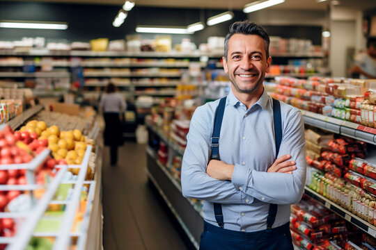 SUCCESSFUL CONFIDENT SMILING SUPERMARKET OWNER IN THE SALES AREA AMONG THE PRODUCTS FOR SALE. HORIZONTAL IMAGE. image created by legal AI