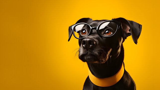 Cute black dog in eyeglasses on yellow background. Animal photo portrait
