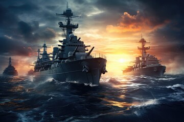 Navy battleships on the horizon. - obrazy, fototapety, plakaty