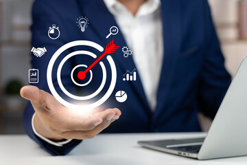 Concept of business strategy and future sustainable business finance action plan. Hand holding...